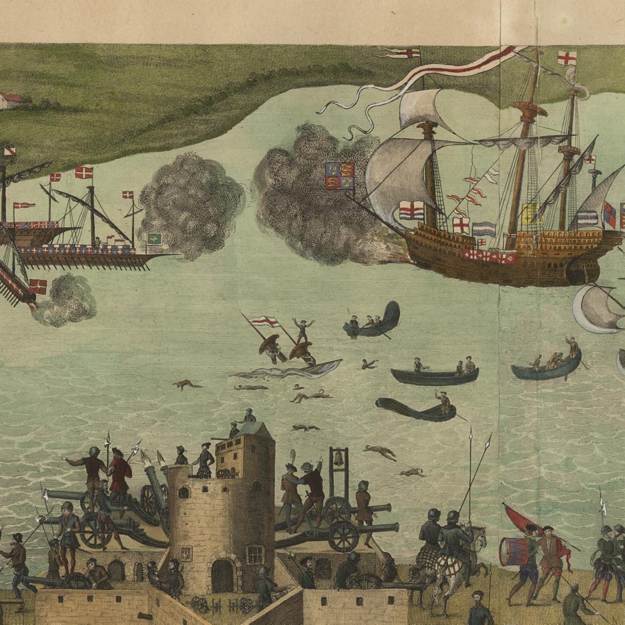 An engraving of the Sinking of the Mary Rose, with Southsea castle and the Great Harry also visible.